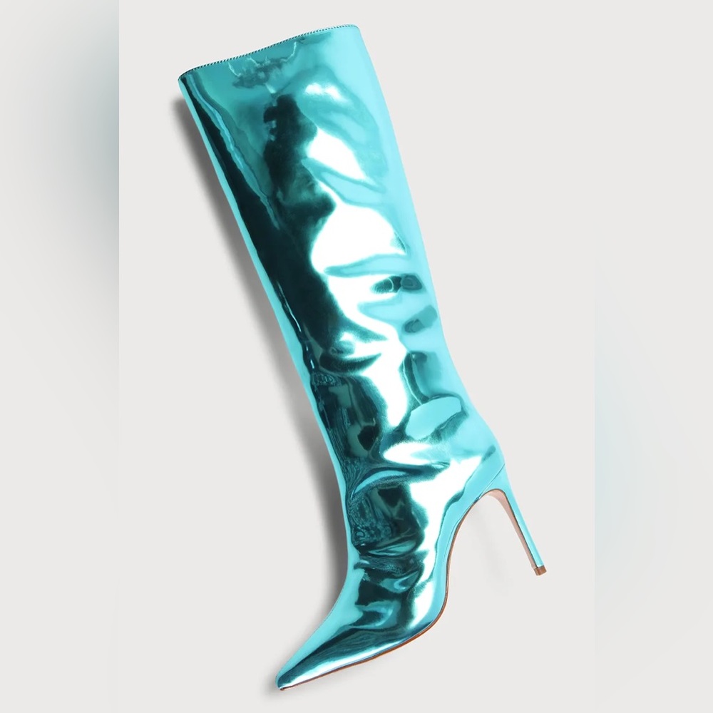 SCHUTZ Shiny Turquoise Heeled Boots